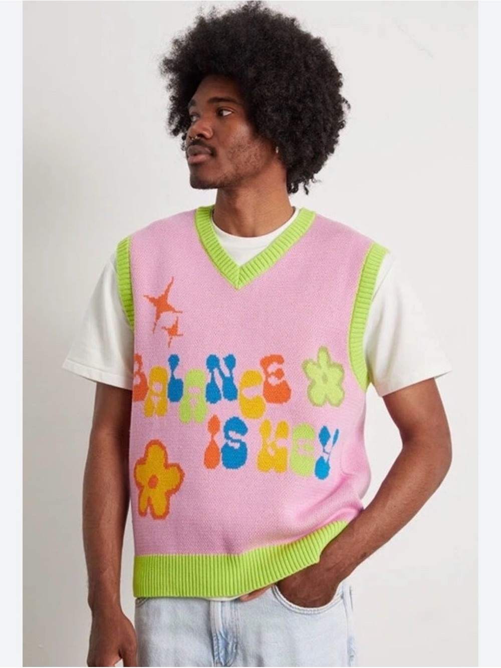 Pac Sun Balance is Key Spellout Bright Funky Sweater Vest Sz S Floral